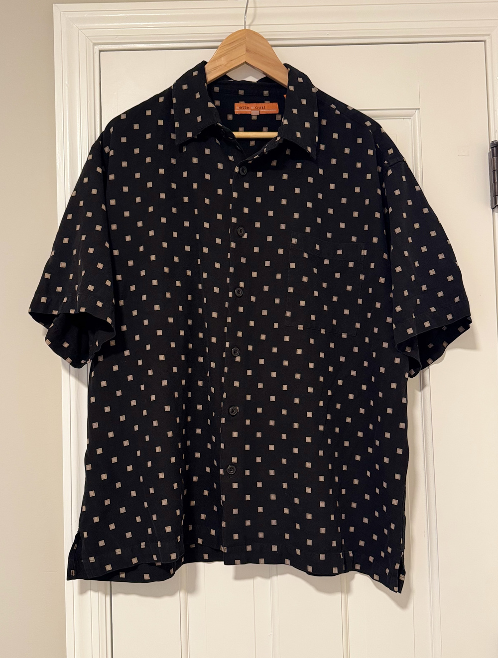 Sette Ponti Men's XL 100% Silk Short Sleeve Camp Shirt Navy Geometric Squares